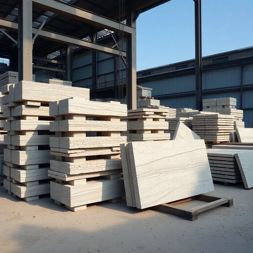 Stacked stone slabs in production yard
